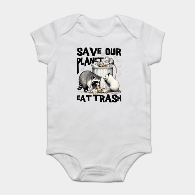 Funny Save Our Planet Eat Trash Rat, Possum and Racoon Baby Bodysuit by creative